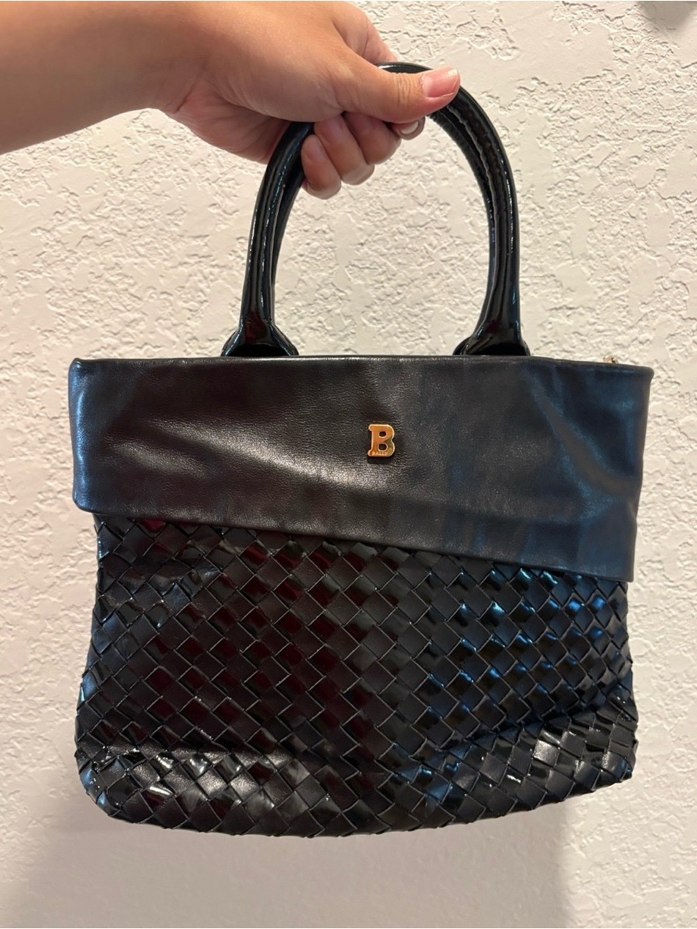 Vintage Bally Black Woven Patent Leather Satchel Bag - Gold Hardware